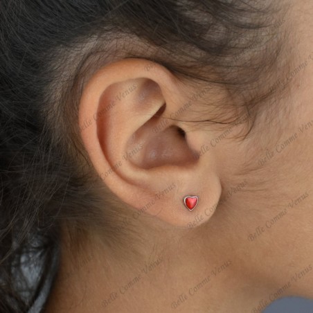 Boucles d'oreilles petit coeur émail rouge Argent 925 Rhodié
