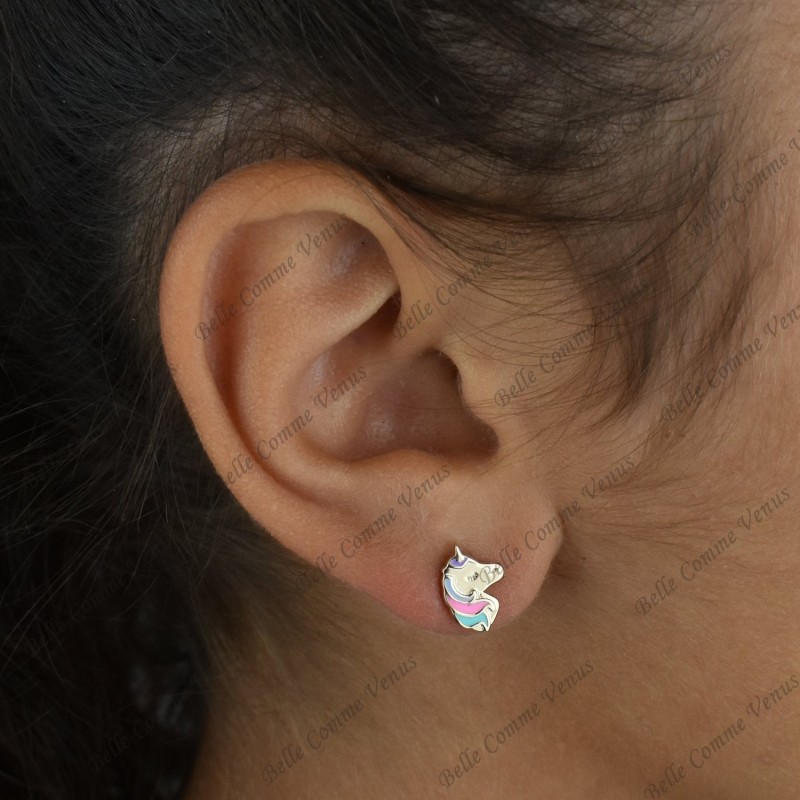 Boucles d'oreilles tête de licorne émail coloré Plaqué or 750 3 microns