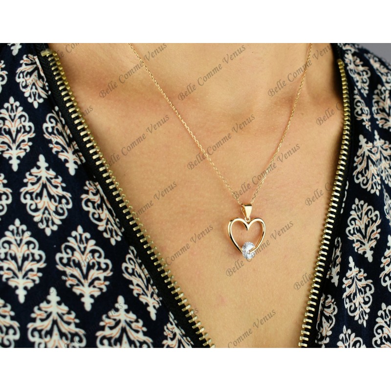 Collier coeur solitaire oxyde de zirconium Plaqué OR 750 3 microns