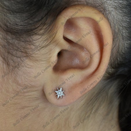 Boucles d'oreilles étoile à 8 branches oxyde de zirconium Argent 925 Rhodié