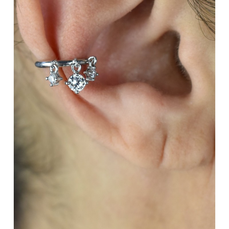 Clip d'oreille earcuff 3 oxydes de zirconium pendants Argent 925 Rhodié