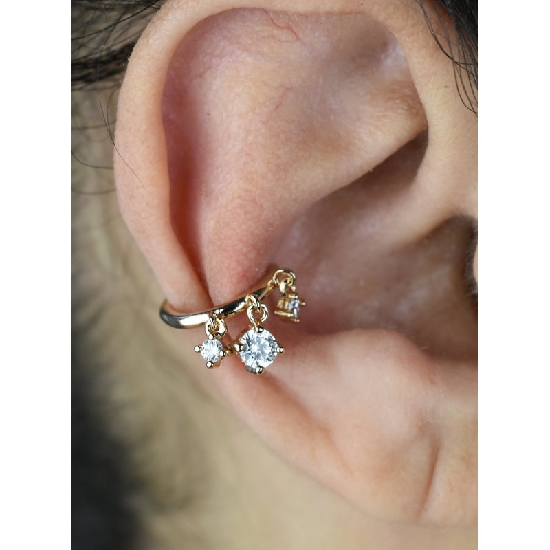 Clip d'oreille earcuff 3 oxydes de zirconium pendants Plaqué OR 750 3 microns