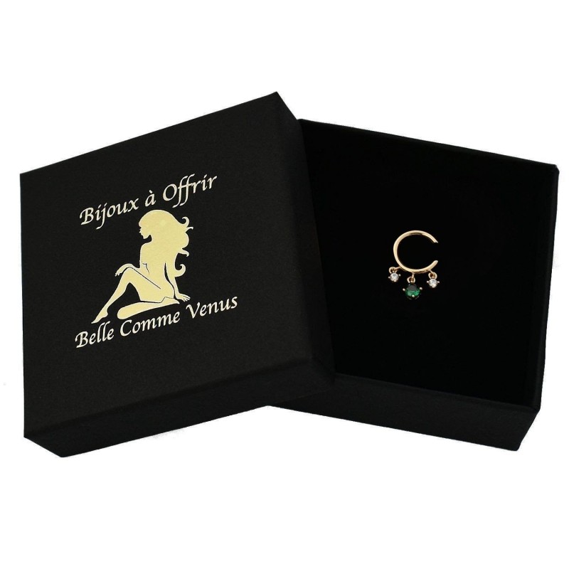 Clip d'oreille earcuff 3 oxydes de zirconium pendants central vert Plaqué OR 750 3 microns