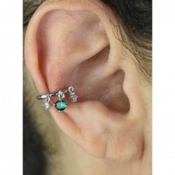 Clip d'oreille earcuff 3 oxydes de zirconium pendants central vert Argent 925 Rhodié