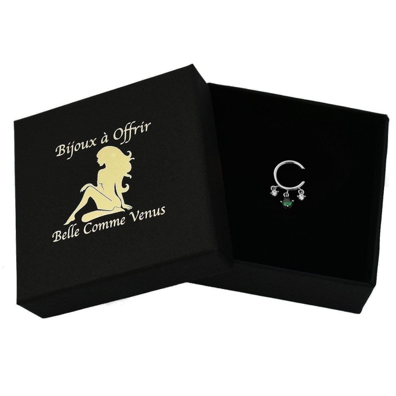 Clip d'oreille earcuff 3 oxydes de zirconium pendants central vert Argent 925 Rhodié