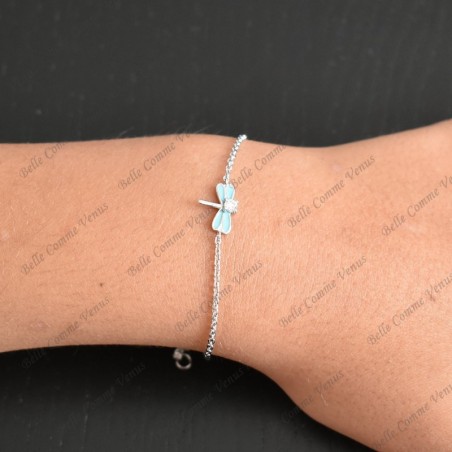 Bracelet libellule émail bleu turquoise et oxyde de zirconium Argent 925 Rhodié