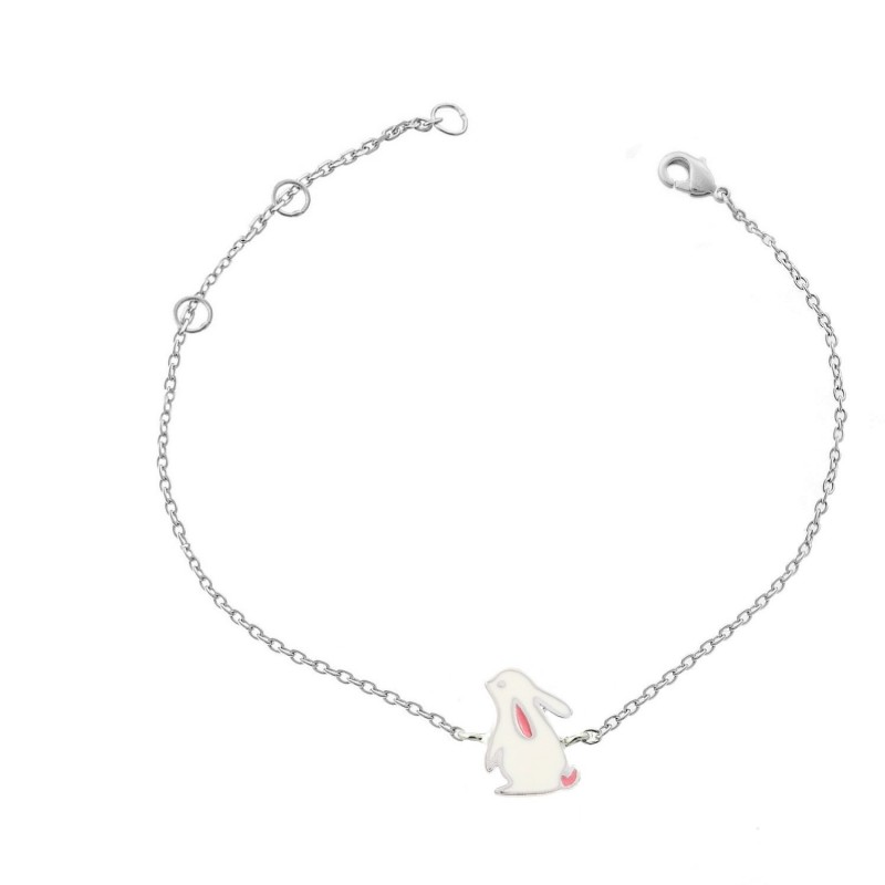 Bracelet lapin émail blanc et rose Argent 925 Rhodié