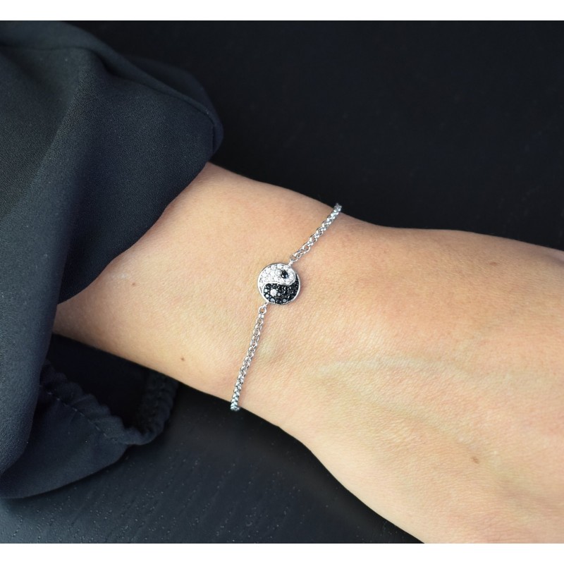 Bracelet yin yang serti d'oxydes de zirconium blancs et noirs Argent 925 Rhodié