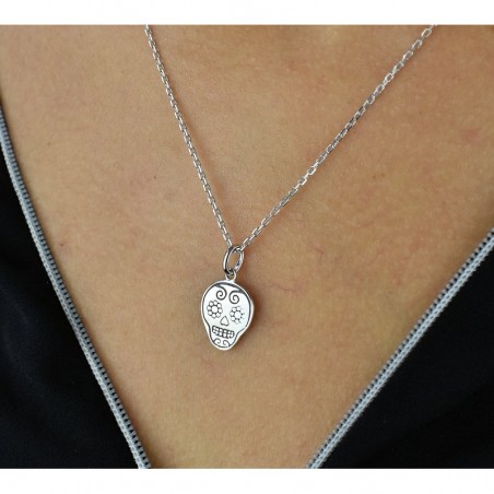Collier tête de mort mexicaine fleuri cavalera Argent 925 Rhodié