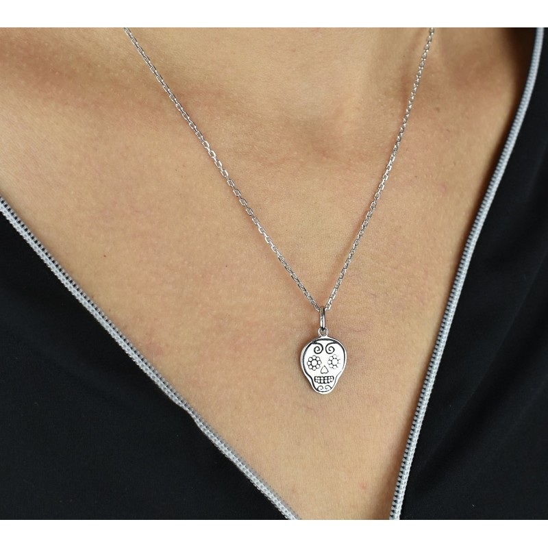 Collier tête de mort mexicaine fleuri cavalera Argent 925 Rhodié