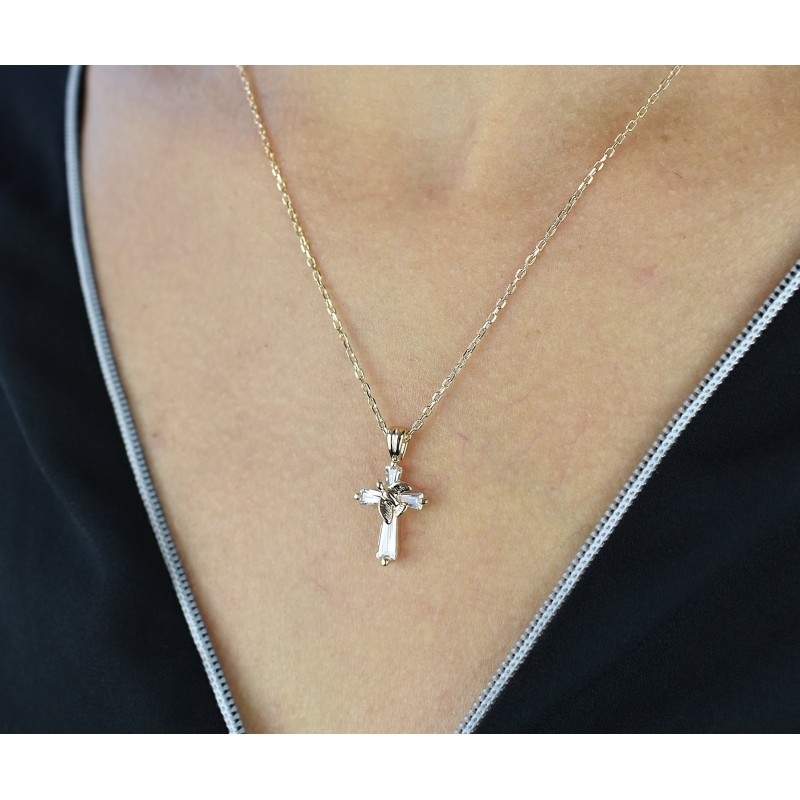 Collier croix d'oxydes de zirconium avec une colombe Plaqué OR 750 3 microns