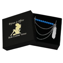 Collier bohème plume perles bleu turquoise 3 rangs Argent 925 Rhodié