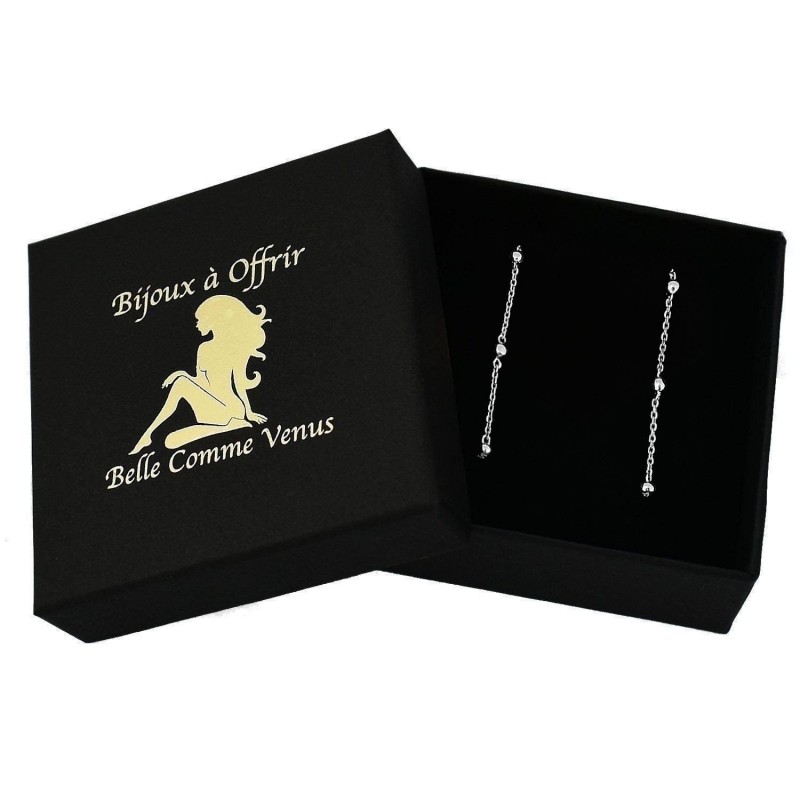 Boucles d'oreilles traversantes chaînes perles de billes Argent 925 Rhodié