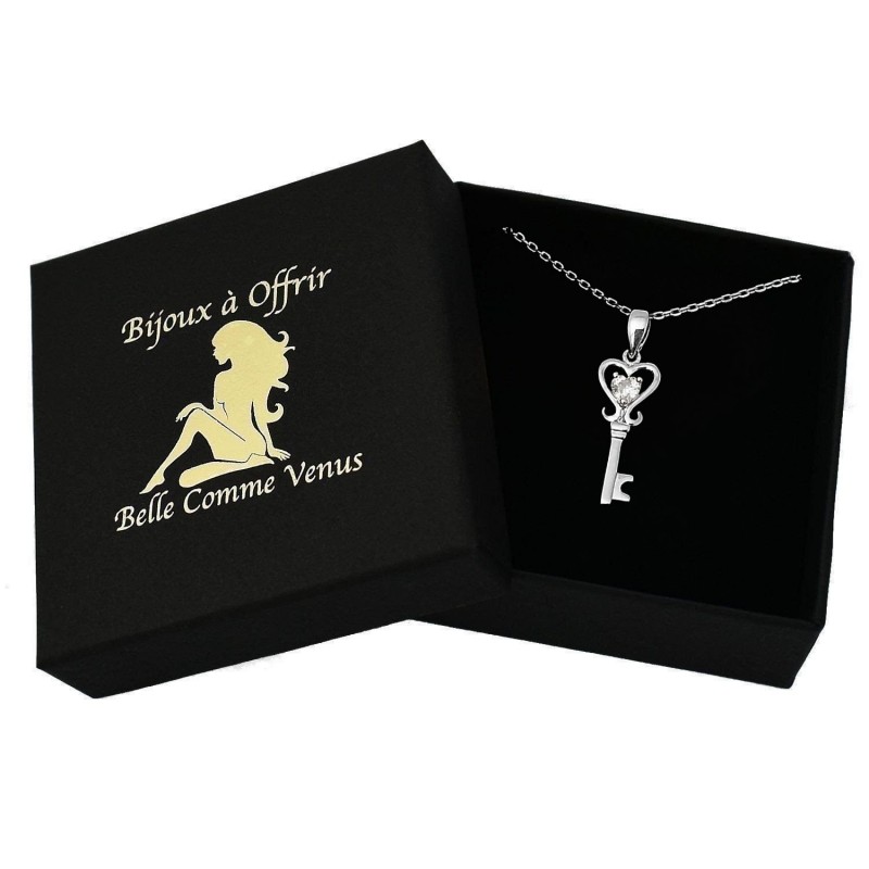 Collier clé coeur d'oxyde de zirconium Argent 925 Rhodié