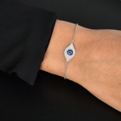 Bracelet oeil bleu protecteur serti d'oxydes de zirconium Argent 925 Rhodié