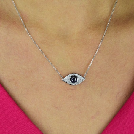 Collier oeil bleu protecteur serti d'oxydes de zirconium Argent 925 Rhodié
