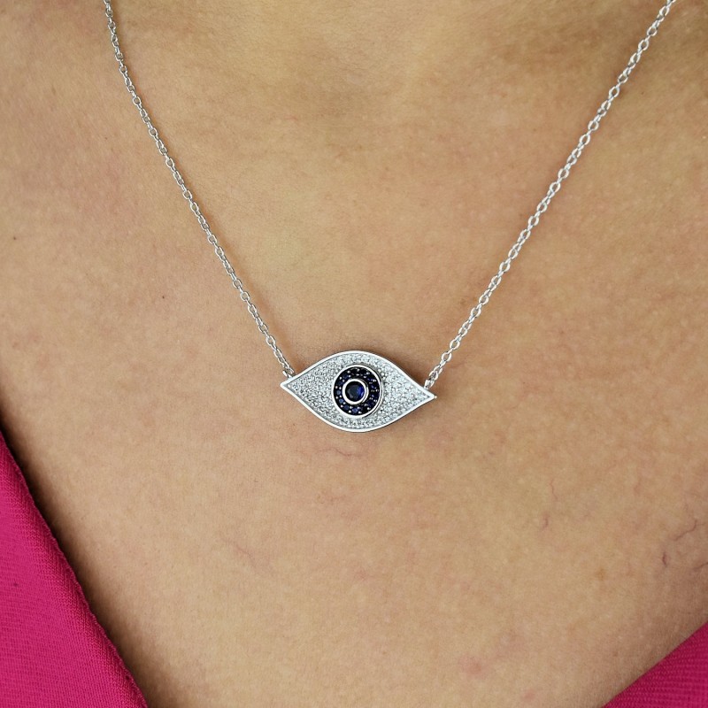 Collier oeil bleu protecteur serti d'oxydes de zirconium Argent 925 Rhodié