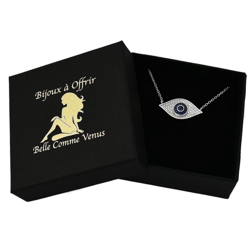 Collier oeil bleu protecteur serti d'oxydes de zirconium Argent 925 Rhodié