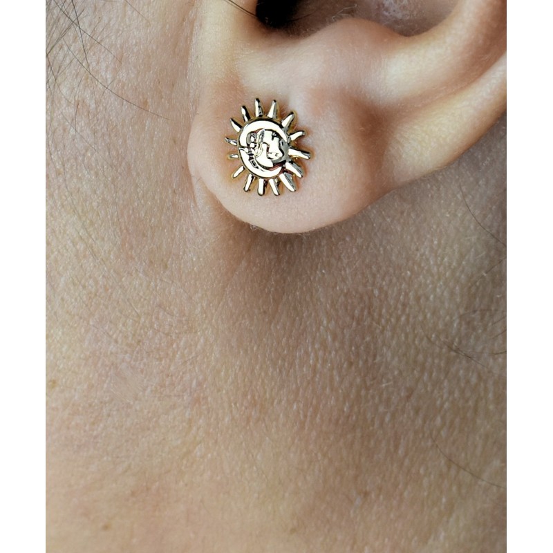 Boucles d'oreilles soleil et lune unis Plaqué OR 750 3 microns