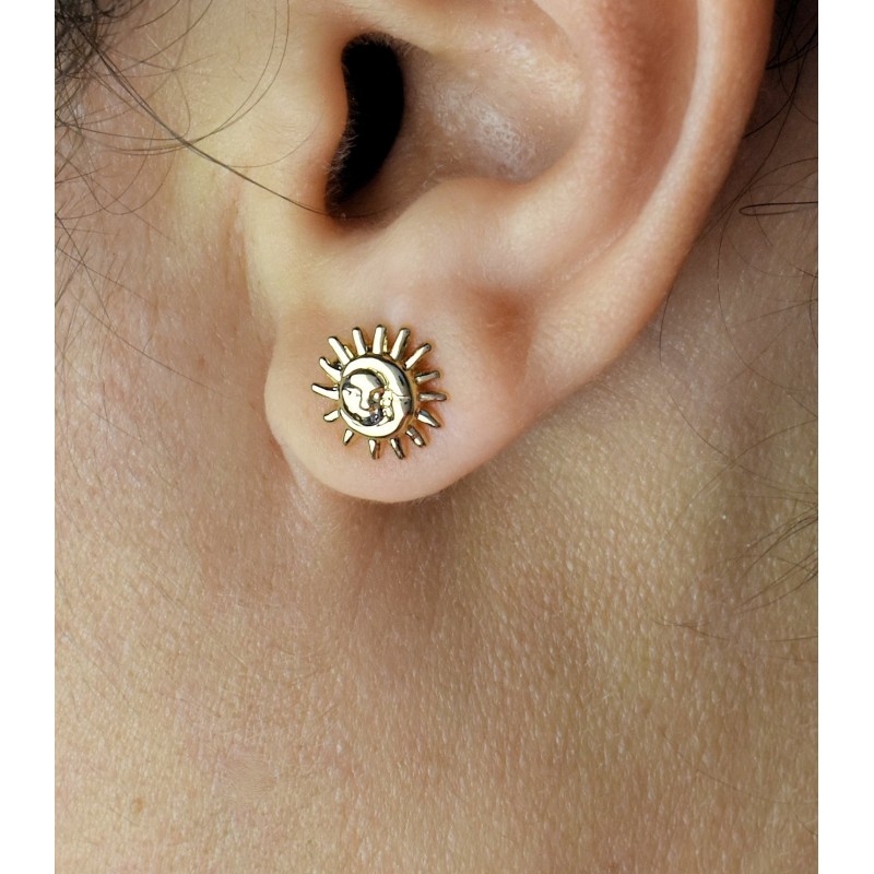 Boucles d'oreilles soleil et lune unis Plaqué OR 750 3 microns