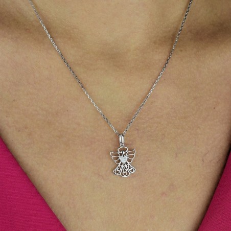 Collier ange protecteur coeur serti d'oxydes de zirconium Argent 925 Rhodié