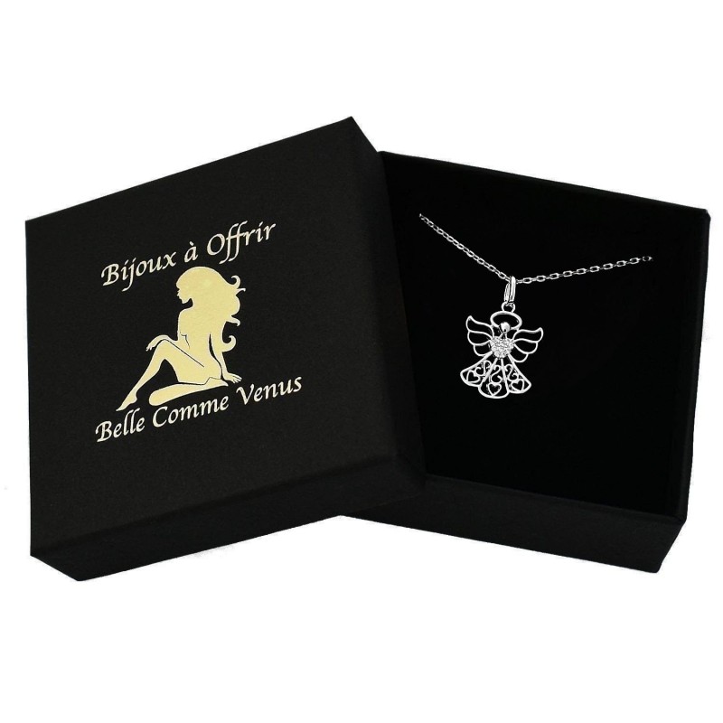Collier ange protecteur coeur serti d'oxydes de zirconium Argent 925 Rhodié