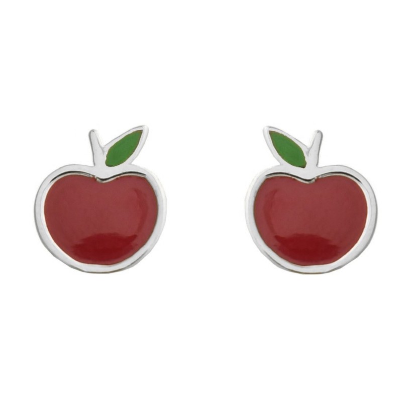 Boucles d'oreilles pomme émail coloré rouge et vert Argent 925 Rhodié