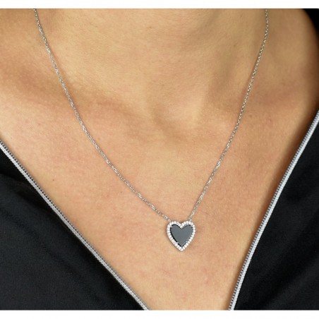 Collier coeur d'Agate serti d'oxydes de zirconium Argent 925 Rhodié
