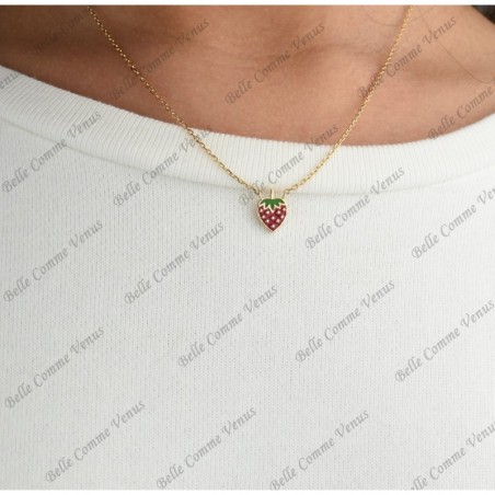 Collier fraise émail coloré Plaqué OR 750 3 microns