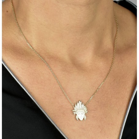 Collier tête d'indien d'Amérique amérindien coiffe plume Plaqué OR 750 3 microns