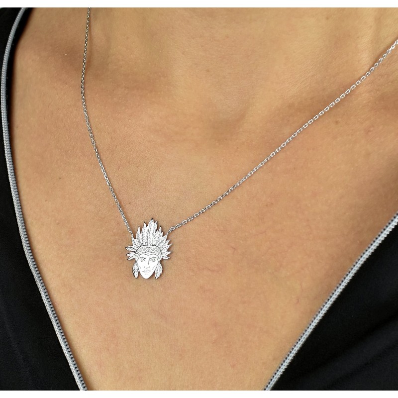 Collier tête d'indien d'Amérique amérindien coiffe plume Argent 925 Rhodié