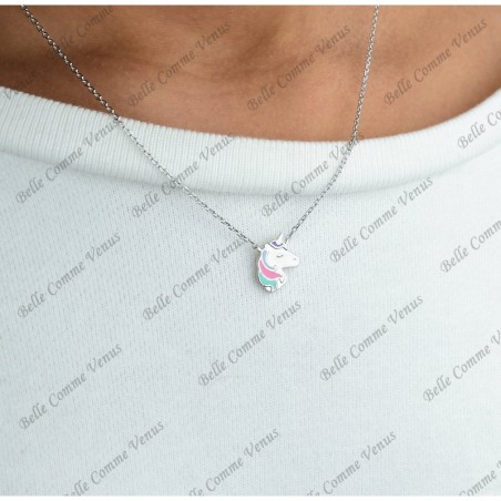 Collier tête de licorne émail coloré Argent 925 Rhodié