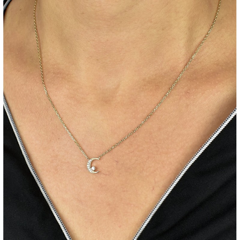 Collier croissant de lune et oxyde de zirconium Plaqué OR 750 3 microns