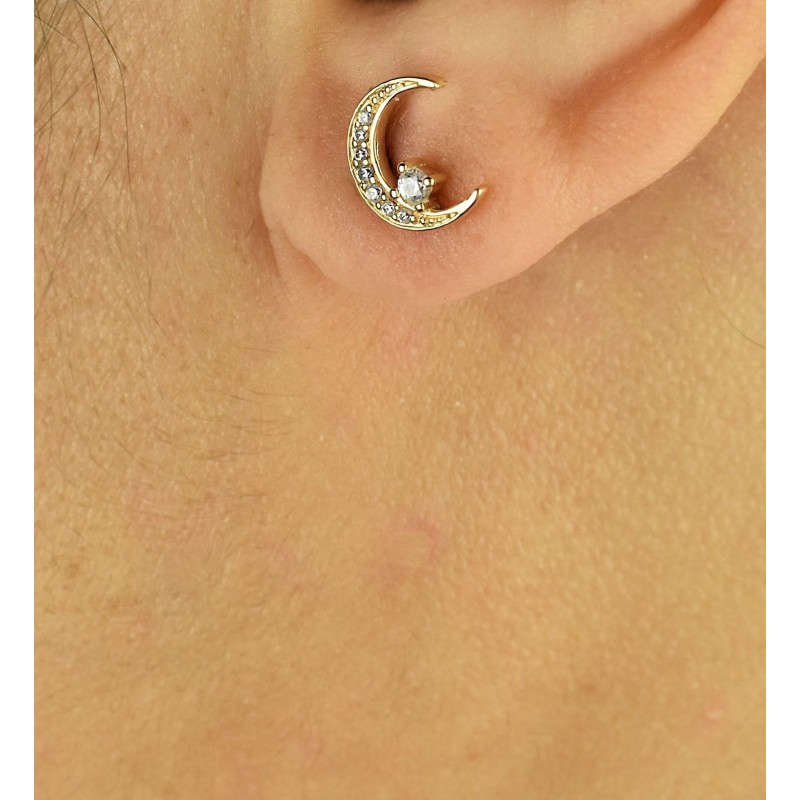 Boucles d'oreilles croissant de lune et oxyde de zirconium Plaqué OR 750 3 microns