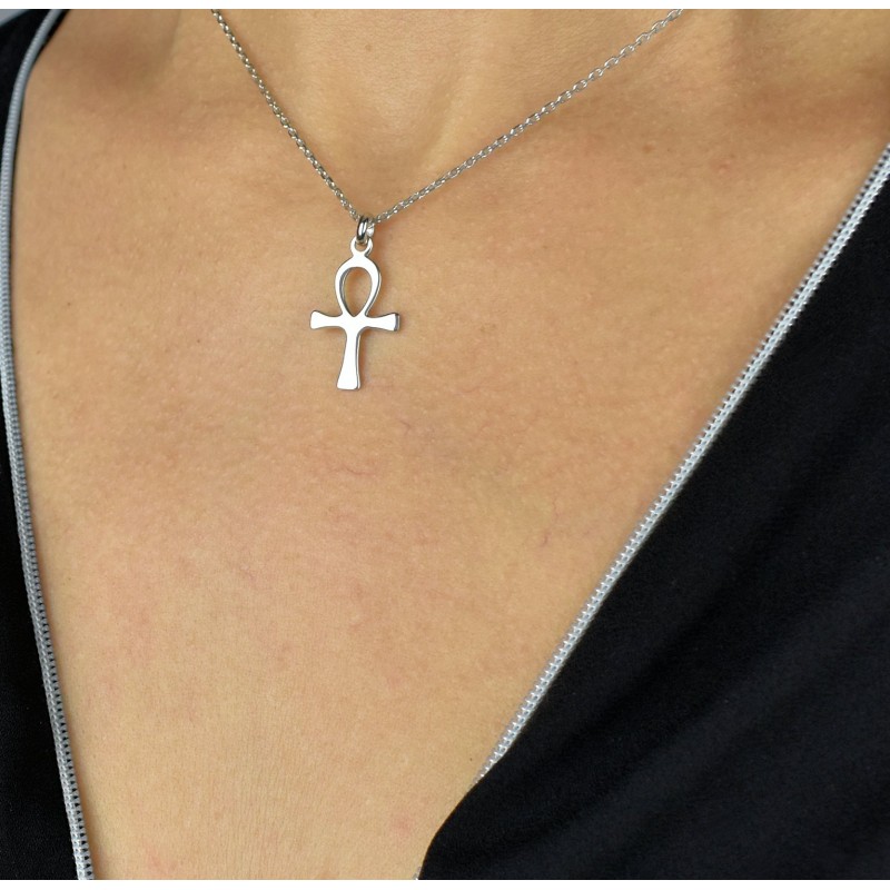 Collier croix Ankh croix de vie égyptienne Argent 925 Rhodié