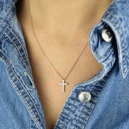 Collier croix sertie d'oxydes de zirconium Plaqué OR 750 3 microns