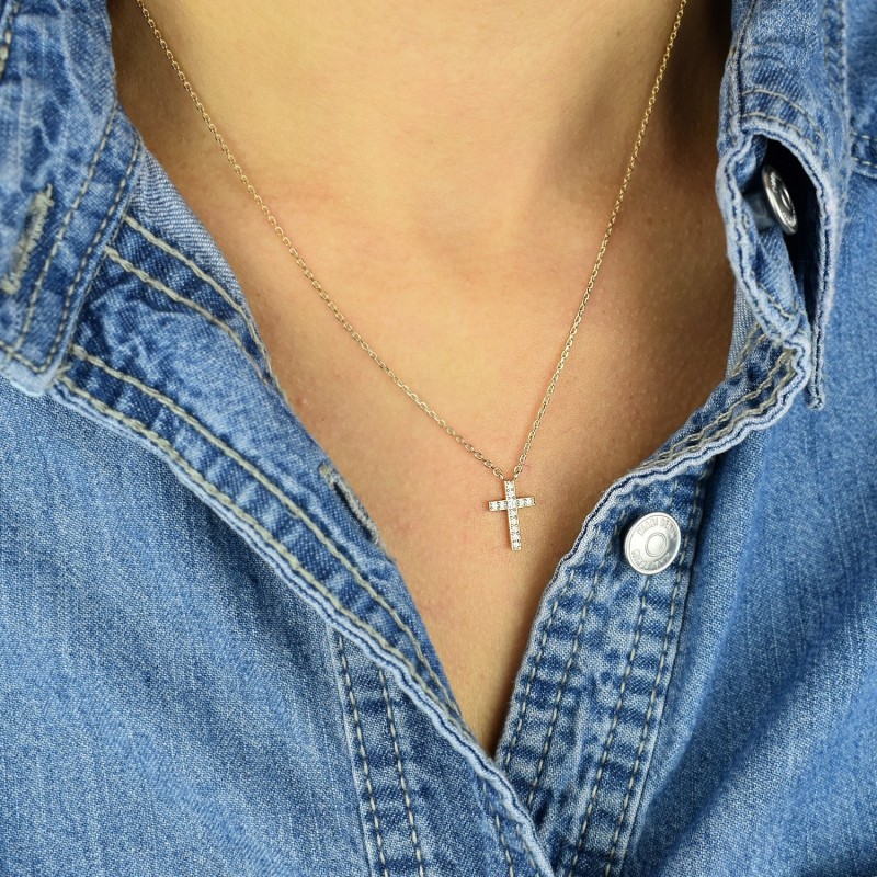 Collier croix sertie d'oxydes de zirconium Plaqué OR 750 3 microns