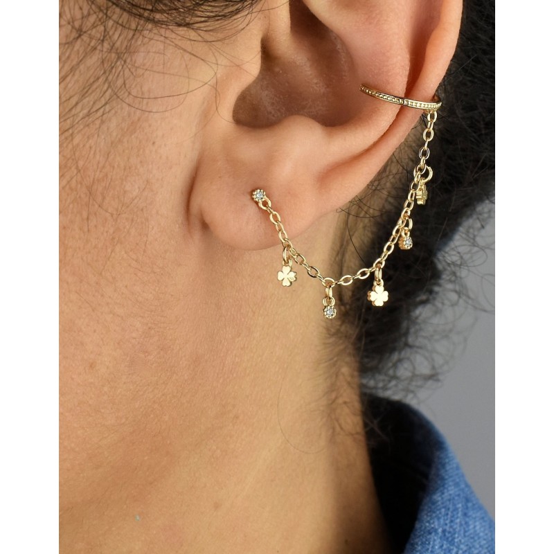 Clip d'oreille earcuff avec chaînette trèfles et oxydes de zirconium Plaqué OR 750 3 microns