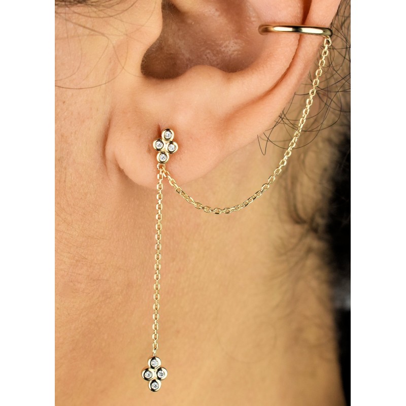 Clip d'oreille earcuff double chaînettes oxydes de zirconium pendants Plaqué OR 750 3 microns