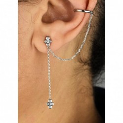 Clip d'oreille earcuff double chaînettes oxydes de zirconium pendants Argent 925 Rhodié
