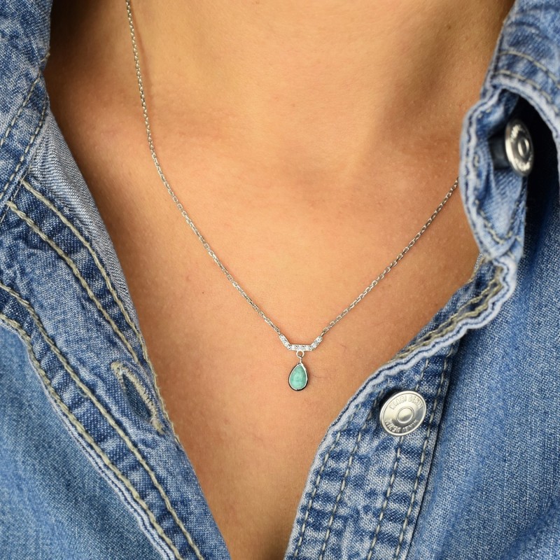 Collier goutte d'Amazonite pierre naturelle et oxydes de zirconium Argent 925 Rhodié