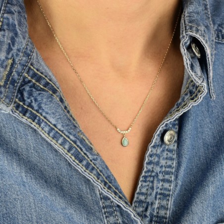 Collier goutte d'Amazonite pierre naturelle et oxydes de zirconium Plaqué OR 750 3 microns