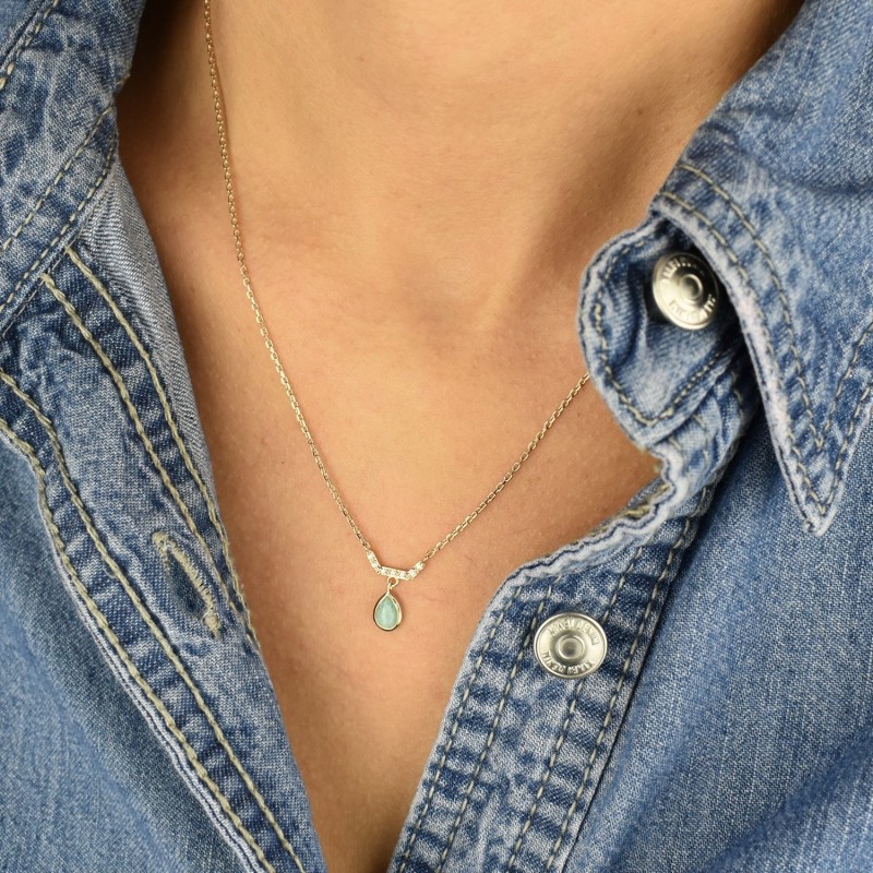 Collier goutte d'Amazonite pierre naturelle et oxydes de zirconium Plaqué OR 750 3 microns