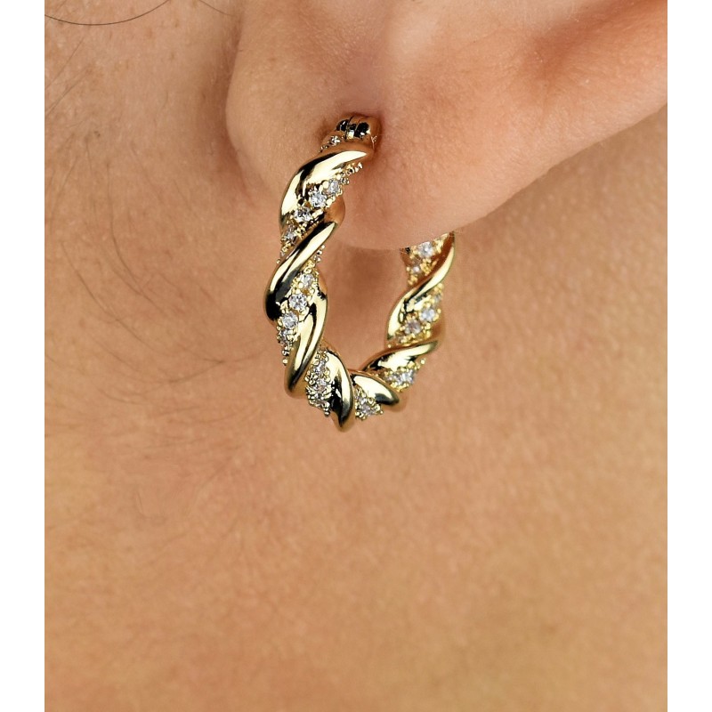 Boucles d'oreilles Créoles torsade d'oxydes de zirconium Plaqué or 750 3 microns