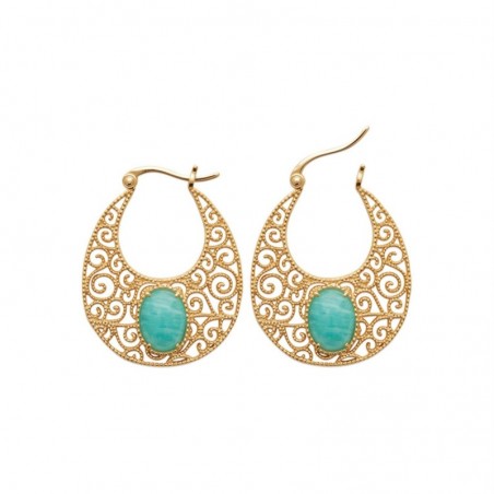 Boucles d'oreilles Créoles filigrane arabesque et Amazonite pierre naturelle Plaqué or 750 3 microns