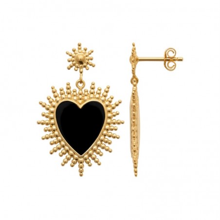 Boucles d'oreilles coeur agate noire pierre naturelle Plaqué OR 750 3 microns