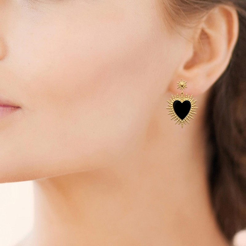 Boucles d'oreilles coeur agate noire pierre naturelle Plaqué OR 750 3 microns