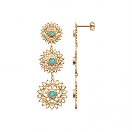 Boucles d'oreilles 3 soleils pendants et Amazonite pierre naturelle Plaqué or 750 3 microns