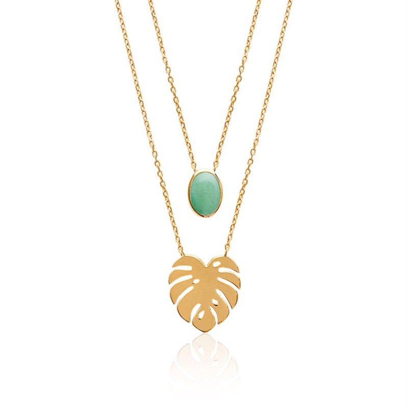 Collier 2 rangs feuille philodendron monstera et Aventurine pierre naturelle Plaqué OR 750 3 microns