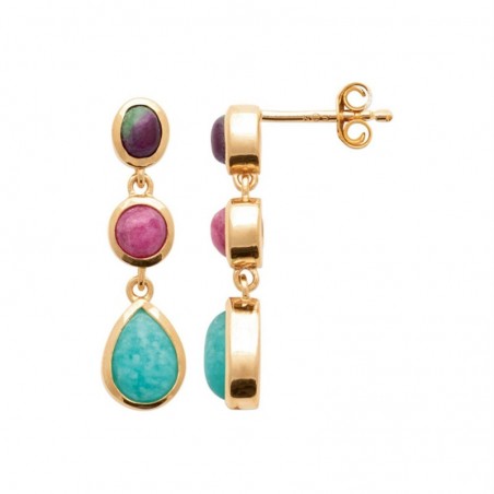 Boucles d'oreilles 3 pierres naturelles Amazonite Rhodonite Rubis zoïsite Plaqué or 750 3 microns